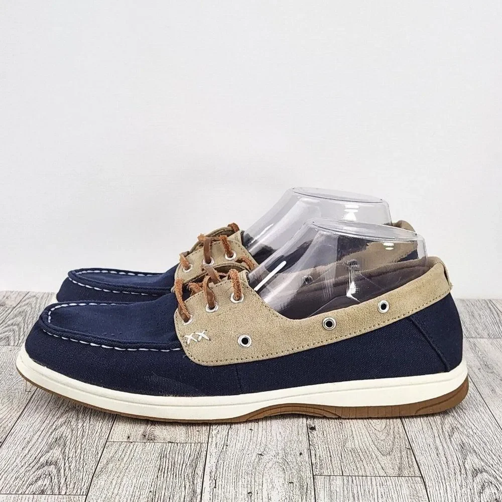Khombu Womens Boat Shoe Sz 9.5 Tan Navy Sporty Summer Boating Sailing Deck Shoe